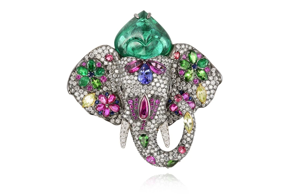 <p>Lydia Courteille Diwali ring in coloured gemstones, carved emerald and diamond from the Indian Song High Jewellery collection</p>