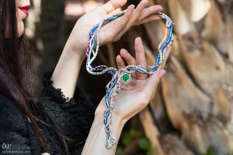 <p>M Haute Joaillerie ‘Titania’ necklace in diamonds, emeralds, sapphires, spinels, tsavorites, amethysts and tourmalines set in gold and titanium</p>