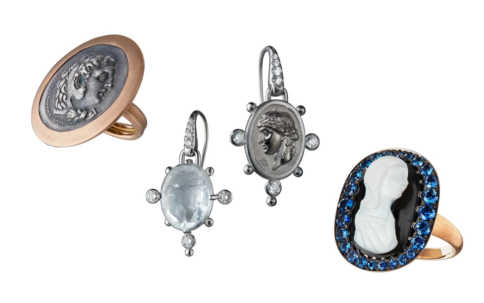 <p>Maison Auclert pieces to be shown through Cahn Gallery at TEFAF Maastricht 2025, including (from left to right) the Tetradrachm ring with a Macedonian silver coin (336-323 BC), the Impression earrings with a rock crystal intaglio engraved with the head of Apollo, and a Cameo ring with 1.39-carats of sapphires and a white and black onyx cameo from the 3rd century AD</p>