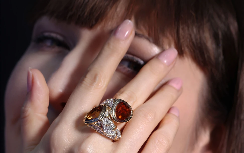 <p>Katerina wears the Marina B Big Onda Toi et Moi ring featuring twin citrines in Marina’s proprietary Castagna cut</p>
