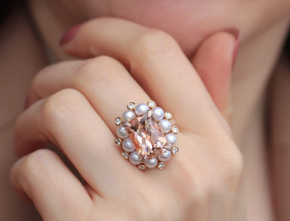 <p>Mariyeh Ghelichkhani Florentine ring from the Renaissance collection with a 7.5-carat morganite, pearls and diamonds set in 18k rose gold </p>
