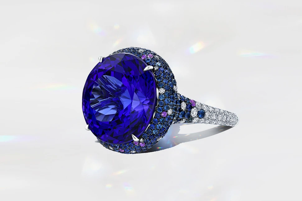 <p>Martin Katz High Jewellery ring with a 19-carat round tanzanite, micro-set with 172 diamonds, 181 blue sapphires and 14 amethysts, set in 18k white gold ©martinkatzjewels</p>
