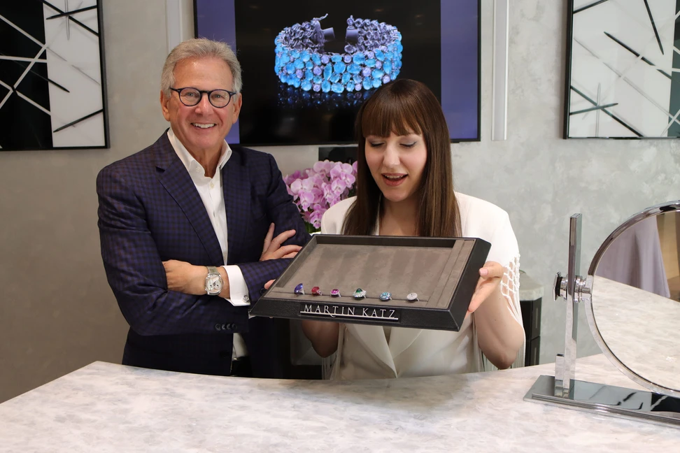 <p>Katerina Perez browses a selection of right-hand rings created by jewellery designer Martin Katz at his Beverly Hills Penthouse </p>
