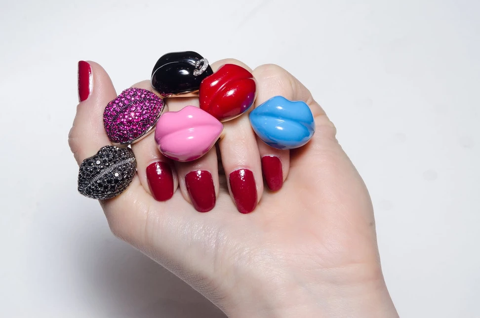 <p>Mattioli ‘Arte’ collection rings with enamel, rubies, colourless and black diamonds</p>