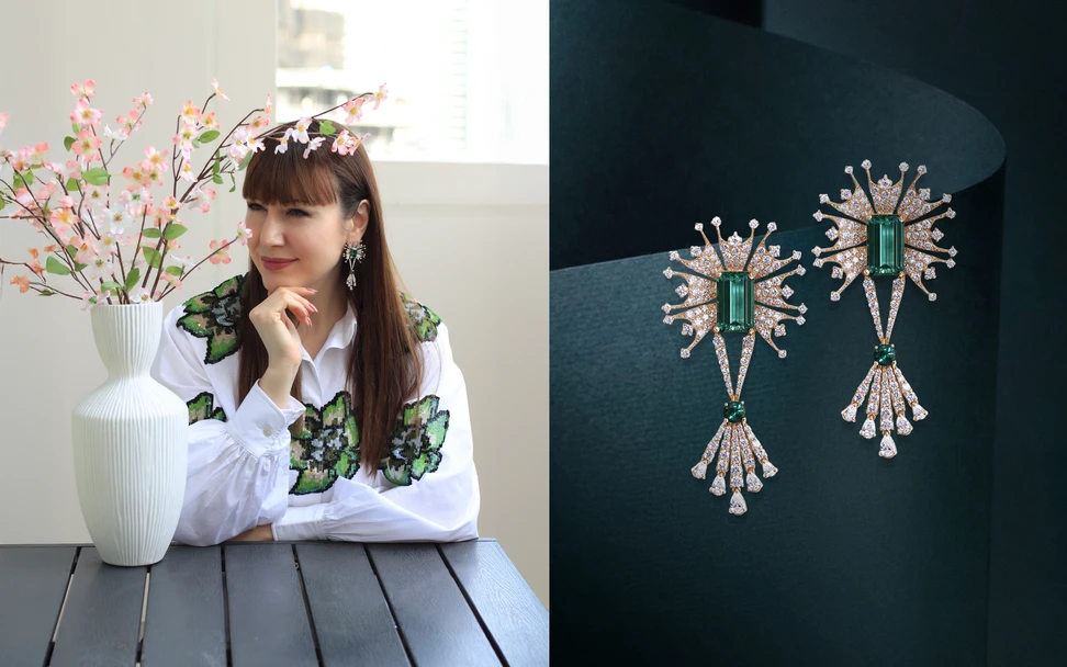 <p>Katerina Perez wears the Mergin Jewelry by Mehragin Rahmati earrings with diamonds and green tourmalines </p>
