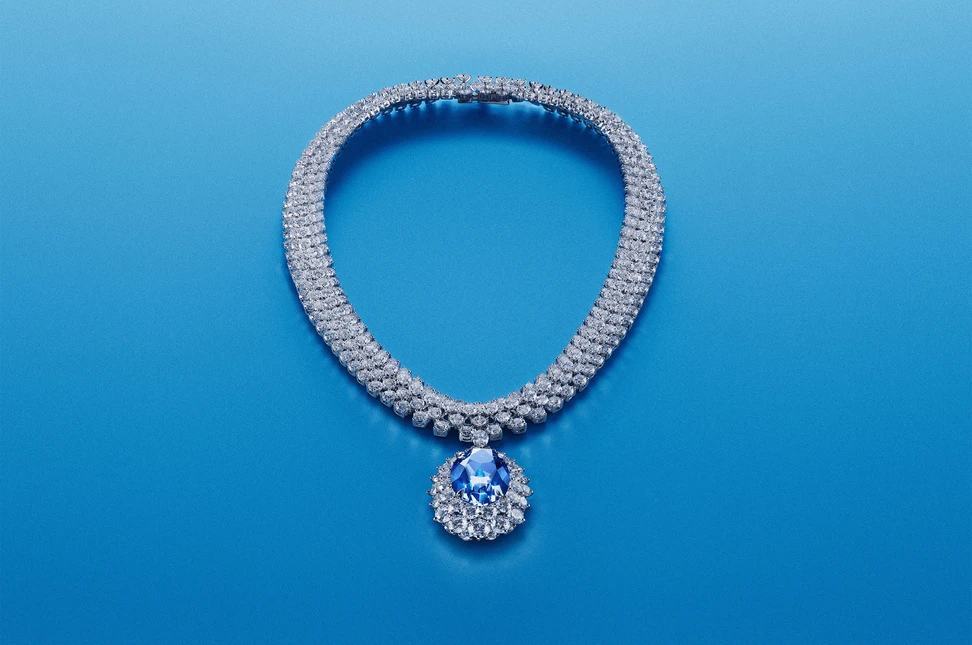 Messika's Okavango Blue necklace showcases a 20.46-carat Fancy Deep Blue diamond, cut from a 41.11-carat rough discovered in Botswana in 2018