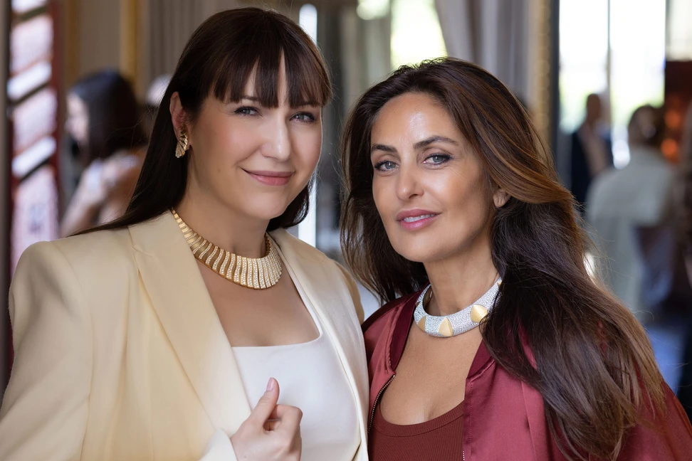 <p>Katerina Perez wears the Messika Mirage necklace alongside Valérie Messika wearing the Fauve necklace, both from the new Terres d’Instinct High Jewellery collection</p>