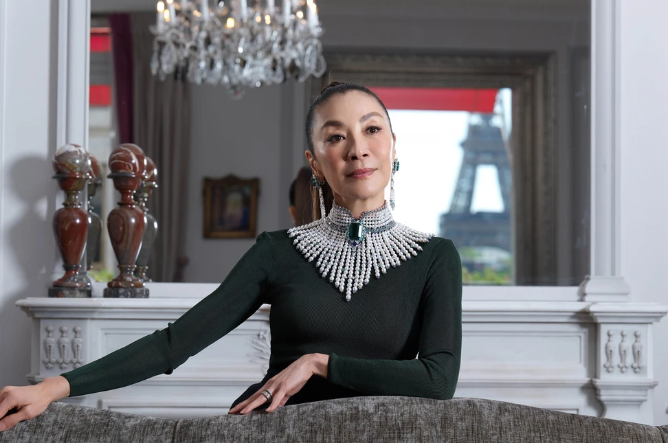 Michelle Yeoh wears Mikimoto's L’Eclat Solaire collar necklace
