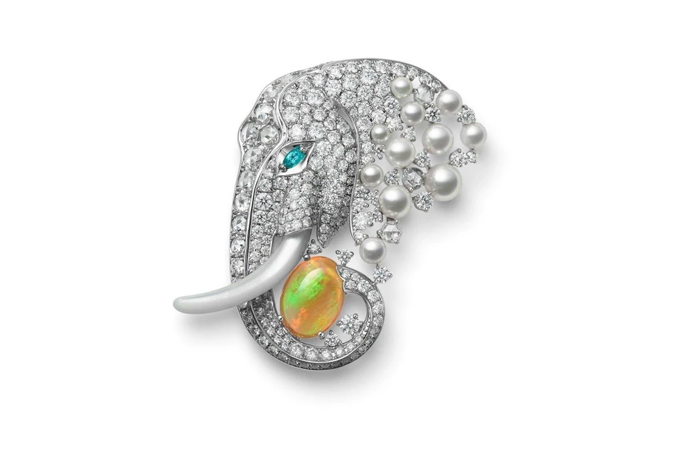 <p>Mikimoto Elephant brooch in white gold, Akoya cultured pearl, opal, tourmaline, mother of pearl and diamond from the Wild and Wonderful High Jewellery collection</p>