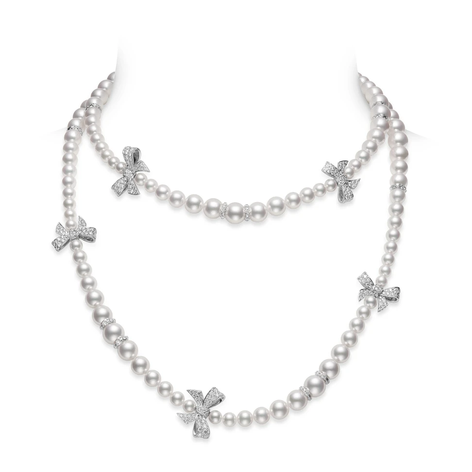 Mikimoto expands its Bow Charm collection with playful new designs combining luminous Akoya cultured pearls, diamonds and 18K white gold.
