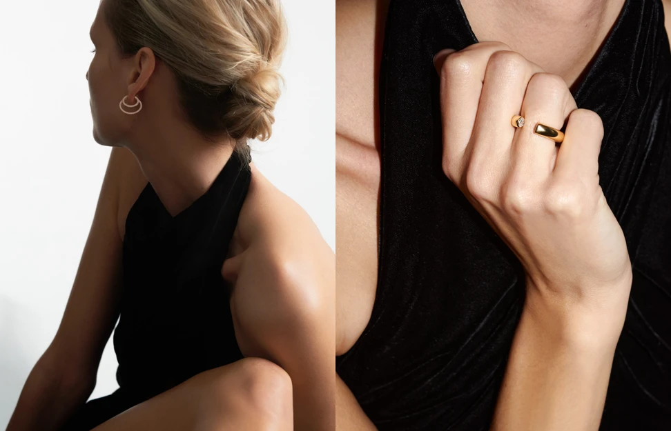 <p>Model wearing Ina Beissner Luma Horizontal medium and small earrings and Core Oval ring in gold and diamond from the Hidden Diamonds collection</p>