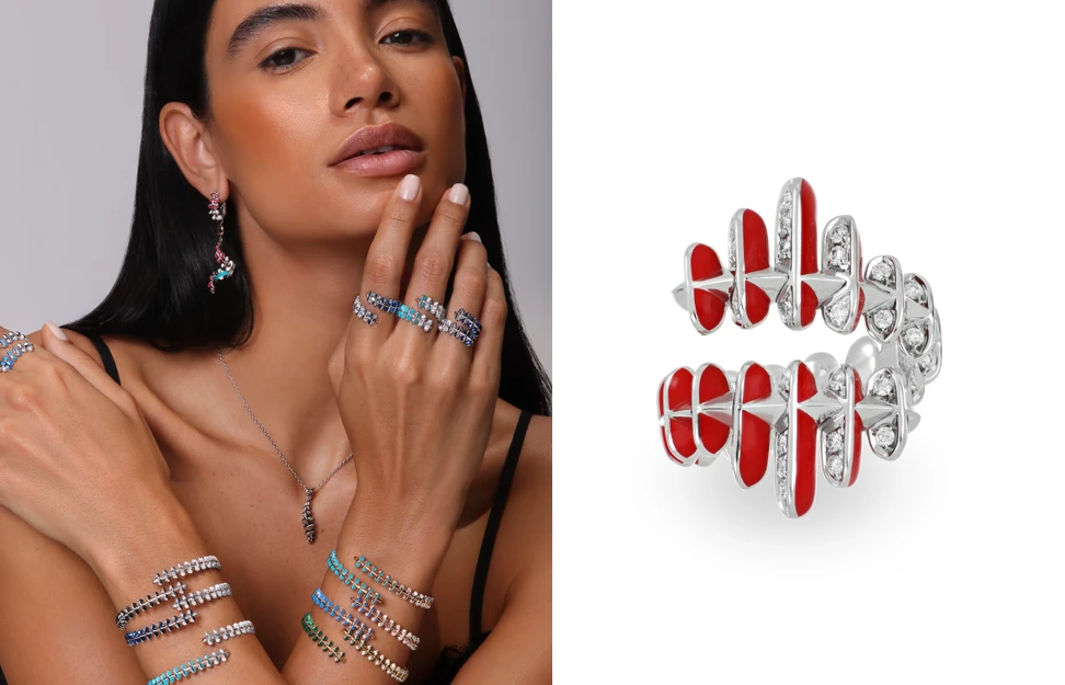 <p>Model wearing Tariq Riaz Circle of Life designs in gold, enamel and diamond alongside a ring in white gold, enamel and diamond</p>