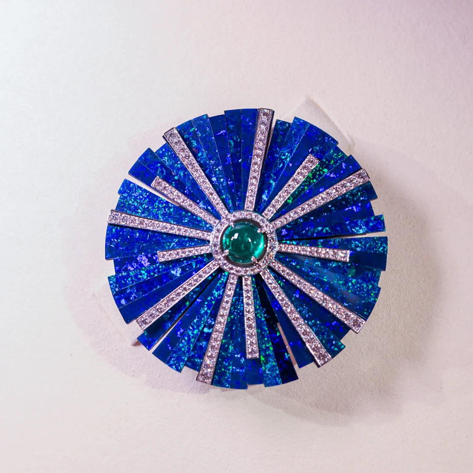 Maison FRED Promising Dawn brooch, set with a cabochon emerald, diamonds and slivers of opal in 18k white gold