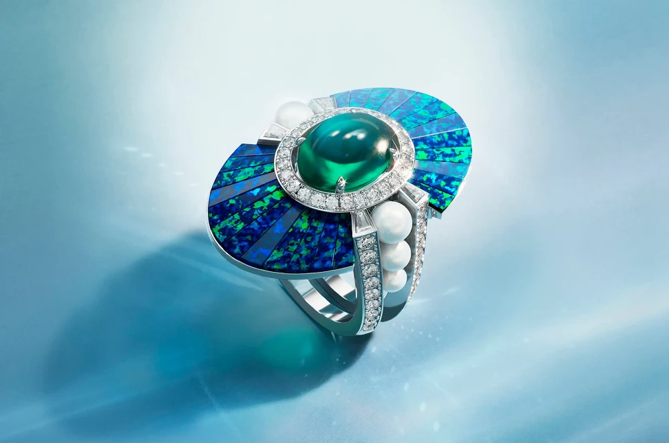 Maison FRED Promising Dawn ring in 18k white gold, set with a cabochon Colombian emerald, slivers of Australian opal, opal doublets, Akoya pearls and diamonds