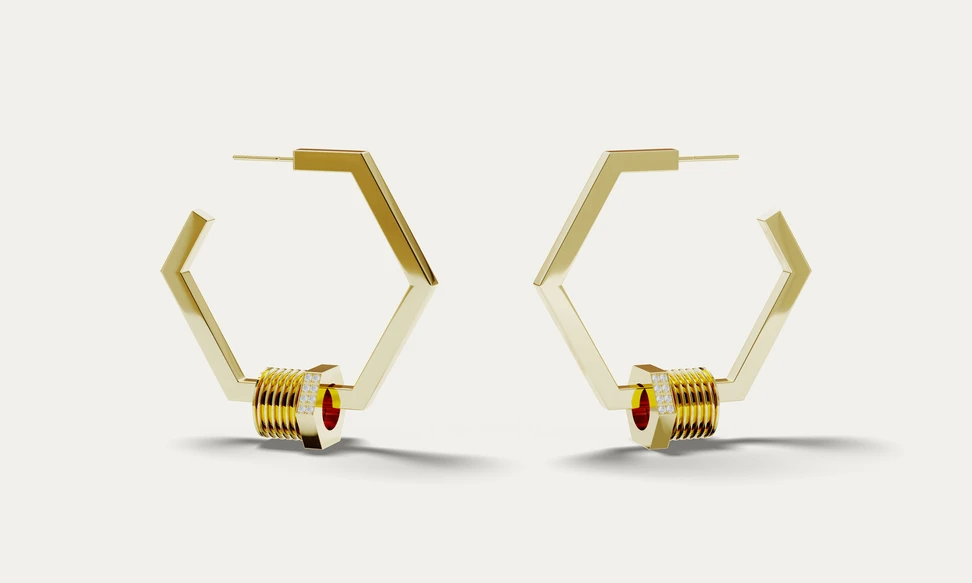 <p>NTERDI’s Nut collection is chunkier and more deliberate, with 18k gold hexagons drawn from the world of engineering, reimagined as fine jewellery</p>
