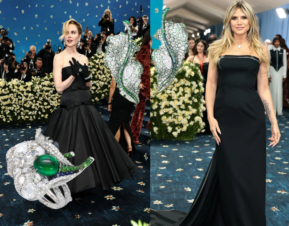 <p>Nicole Kidman’s jewels were from Cindy Chao The Art Jewel’s White Label collection, while Heidi Klum wore an oval diamond by Lorraine Schwartz around her neck, suspended on an invisible string</p>