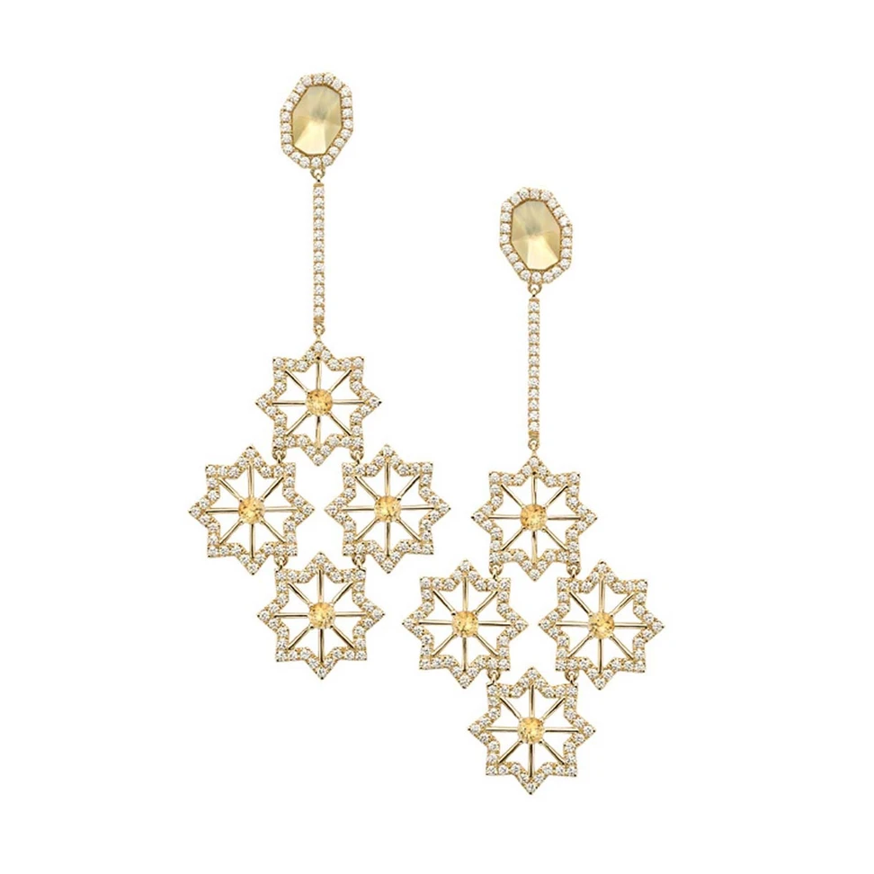 <p>Octium Alandalus Night 18k yellow gold Eight Point Star Earrings with Diamonds and Champagne Quartz</p>