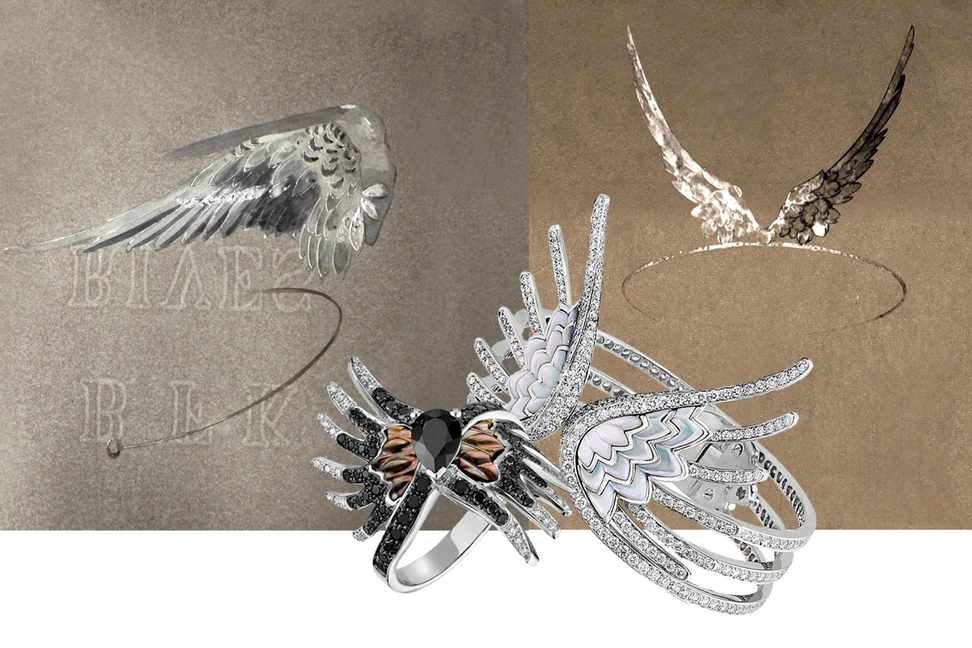 <p>Original Rene Lalique drawings and the recent Vesta collection jewellery designed by Quentin Obadia</p>

