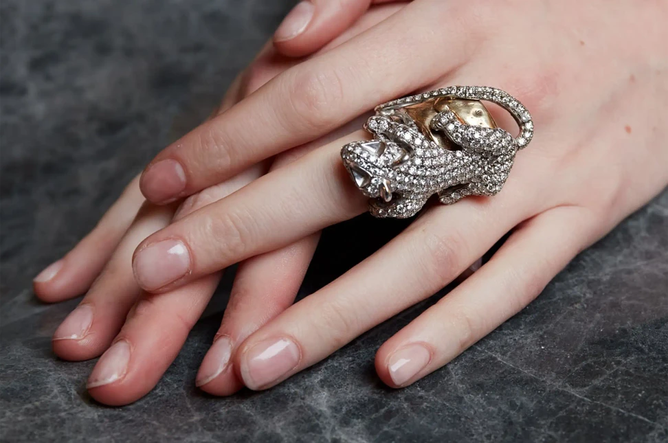 Michele Lamy and Loree Rodkin Hunrod Gold Rat Ring, presented by Carpenters Workshop Jewellery. 18K yellow and white gold set with 171 diamonds totalling 4.48 carats. Edition of 30, 2021.