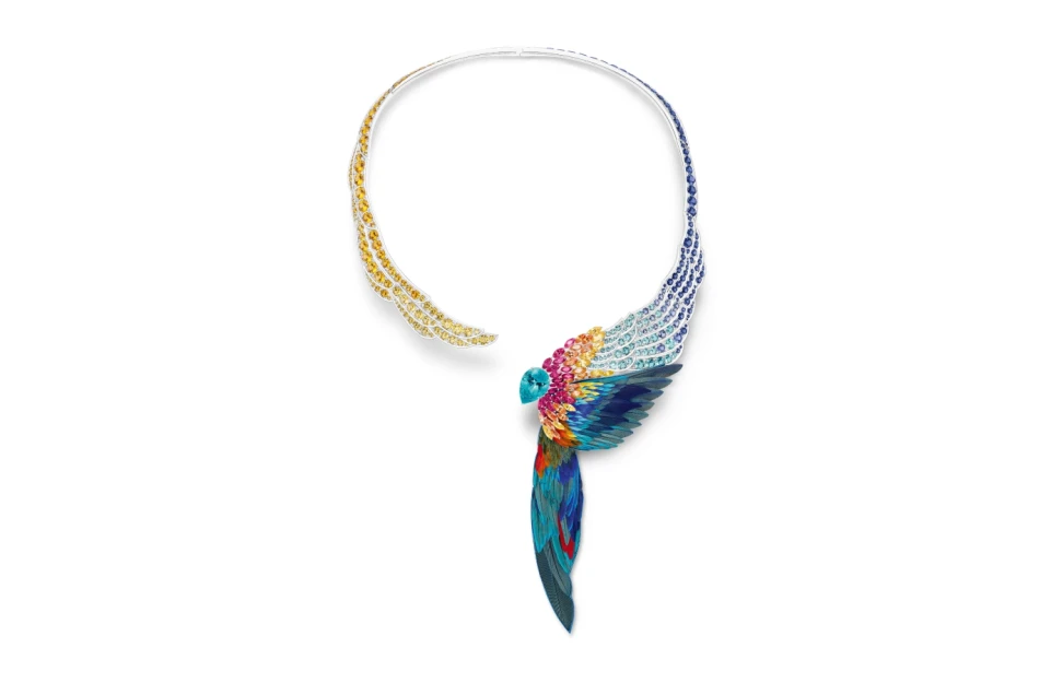 <p>Piaget Majestic Plumage necklace with a 7.49-carat paraiba tourmaline and a rainbow of bejewelled feathers in 18k white gold</p>