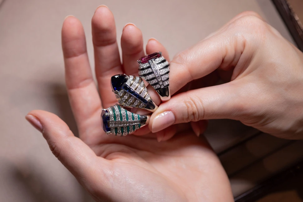 <p>Architecturally inspired, Picchiotti’s new trio of Essentially Color cocktail rings combine richly saturated coloured gemstones with bands of onyx, agate and 18k gold</p>
