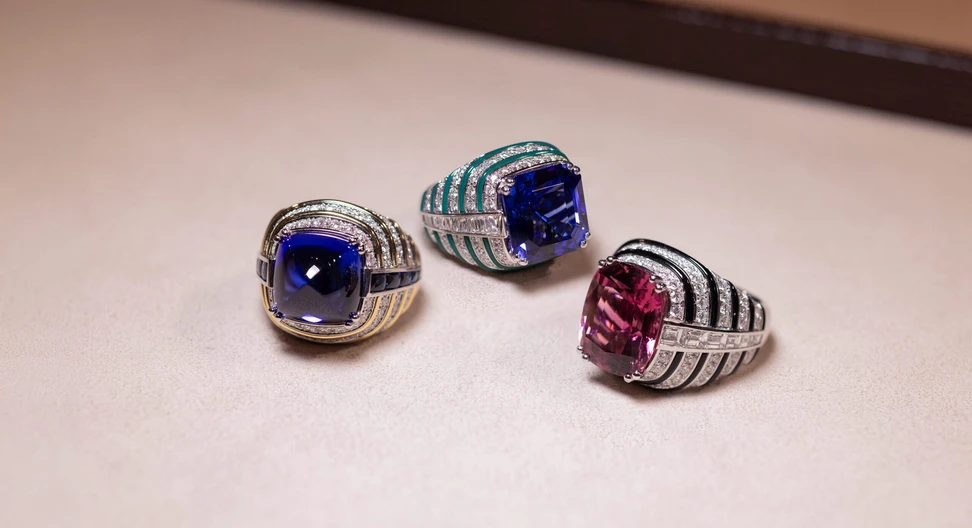 <p>The new Essentially Color cocktail rings celebrate the extraordinary beauty of rare coloured gemstones: a 14.12ct sugarloaf cabochon tanzanite, a 14.76ct emerald-cut violetish-blue tanzanite and a 10.51ct cushion-cut pink tourmaline</p>
