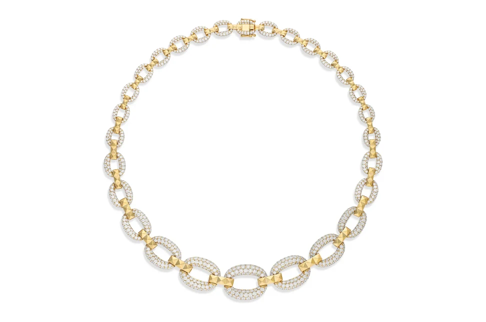 Anton Jewellery’s R.08® Link Diamond Necklace pairs round brilliant-cut diamonds with the house’s signature R.08® motifs