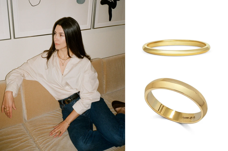 Matching, but not identical: Rachel Boston's 18K yellow gold Knife-Edge wedding bands are available in seven different widths