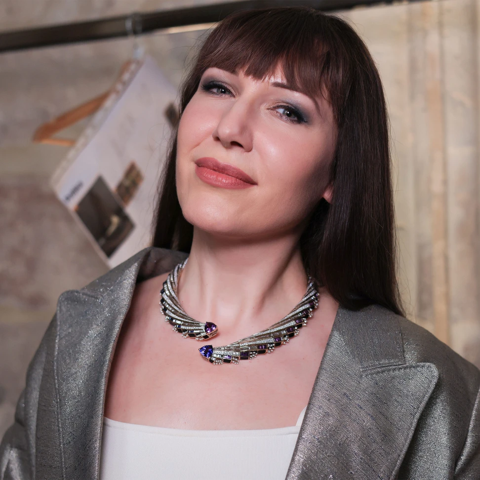 Katerina models an amethyst, sapphire and diamond choker, as seen on the DEVI catwalk
