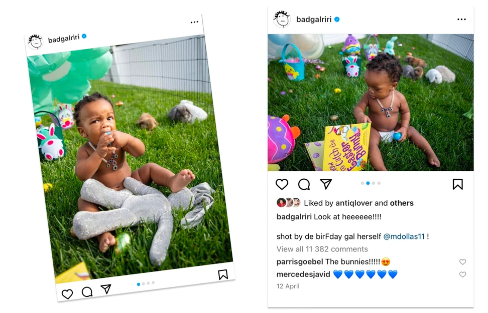 <p>Rihanna and A$AP Rocky’s first-born son, RZA Athelston Mayers wearing an Amrapali necklace with multiple strands of pearls, diamond-framed emeralds, sapphires, rubies and tourmalines in 18k white gold and black rhodium</p>
