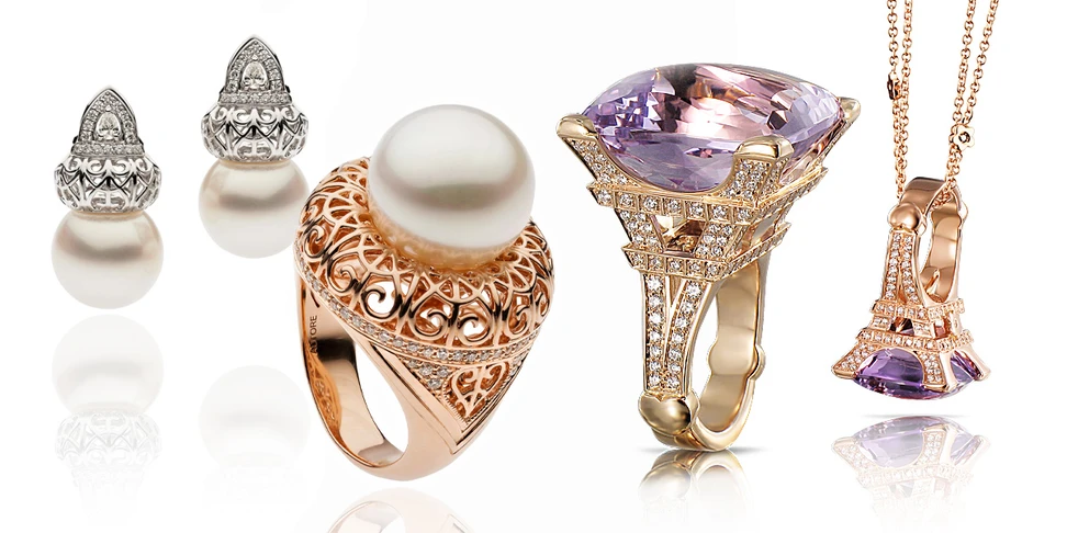 <p>From left to right: ring and earrings by Autore from the Metropolitan collection, Madame Eiffel ring by Pasquale Bruni</p>