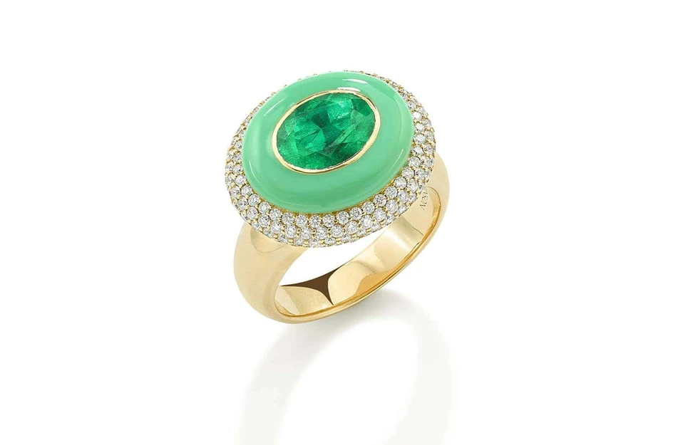 <p>Robinson Pelham Arena ring set with a central oval 2.10ct Muzo emerald, with green enamel and pave diamonds totalling 1.20 carats</p>