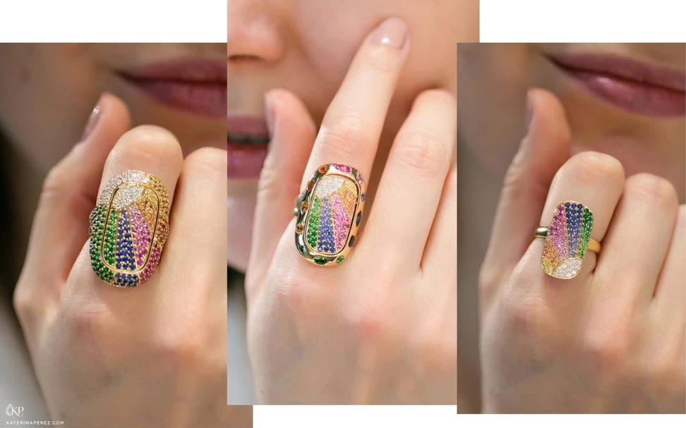 <p>From left to right: Robinson Pelham Synchronicity Rainbow Ray Inner ring with Synchronicity Rainbow Outer ring; Synchronicity Rainbow Ray Inner ring with Synchronicity Byzantine Outer ring, and the Synchronicity Rainbow Ray Inner ring, all in 18k yellow gold</p>