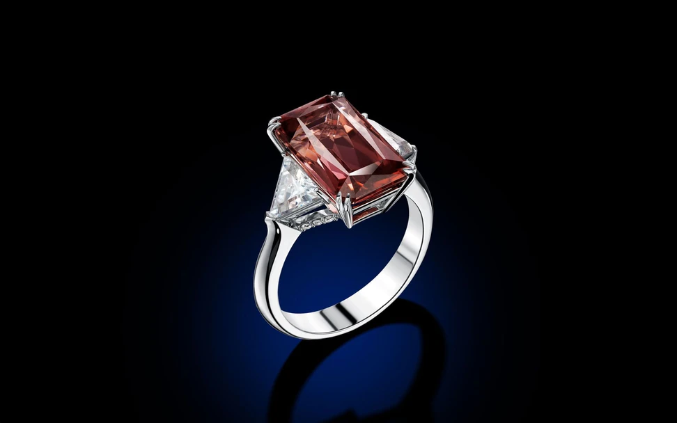 <p>Elena Semy 7 carat emerald cut pink spinel and diamond engagement ring in 18K white gold</p>
