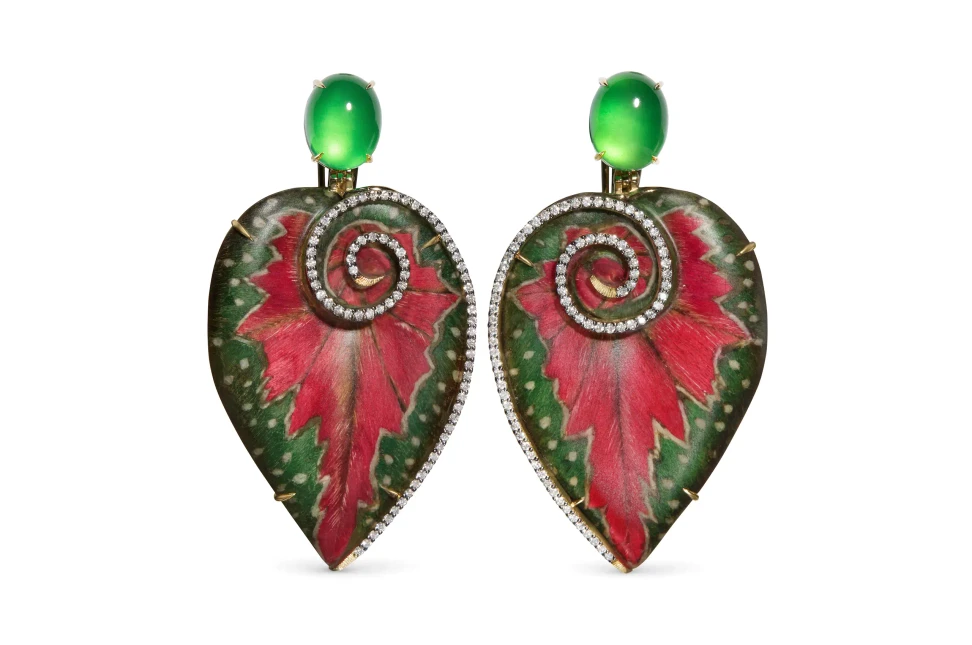 Silvia Furmanovich for Asprey Begonia Leaf earrings in 18ct yellow gold, with begonia leaf marquetry, green jadeite and diamonds