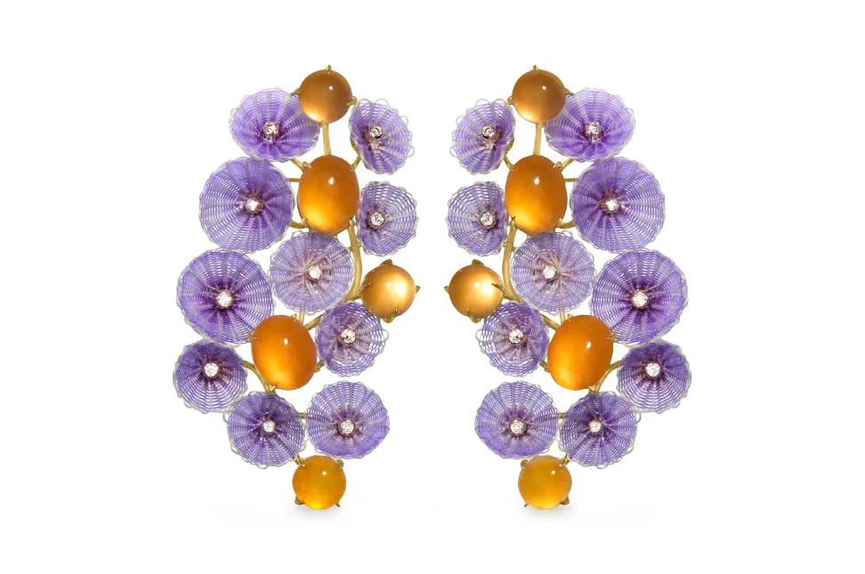 Silvia Furmanovich for Asprey Cascade earrings in 18ct yellow gold, with woven horse-mane micro-flowers, orange jadeite and diamonds