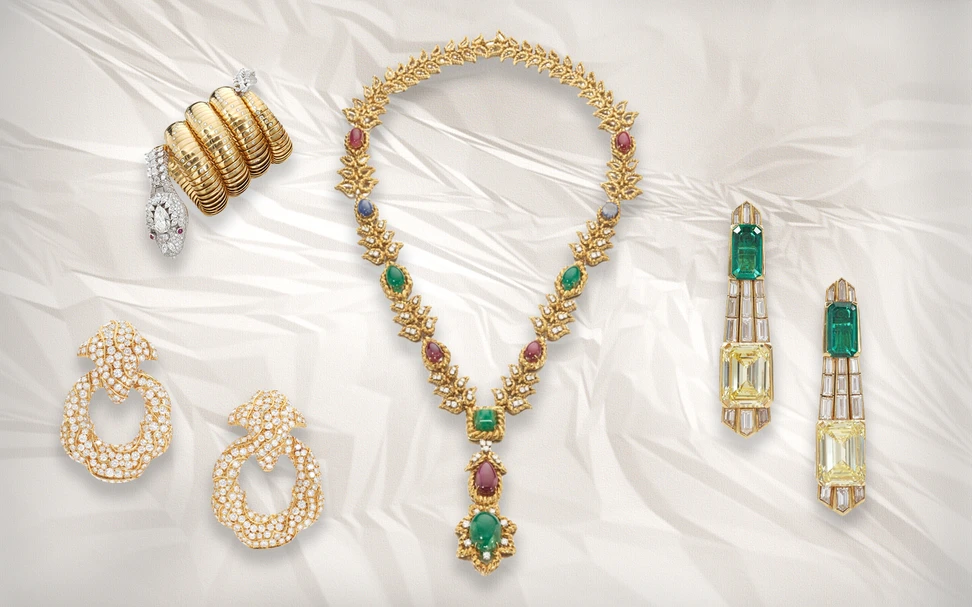 <p>Clockwise from top left: Bulgari ‘Serpenti’ bracelet-watch, aka ‘Theodorus’ (estimate CHF 200,000-400,000), David Webb ‘Hindu’ necklace (estimate CHF 60,000-80,000), Bulgari earrings (estimate CHF 400,000-600,000), and Marina B ‘Esclave’ diamond and gold ear clips, circa 1980 (estimate CHF 12,000 – 18,000), part of the Sotheby’s ‘Iconic Jewels: Her Sense of Style’ auction in May 2024</p>