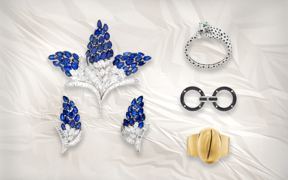 <p>Clockwise from left to right: Bulgari brooch and earrings (estimate CHF 55,000-75,000), Cartier Leopard bangle (estimate CHF 250,000-350,000), Van Cleef & Arpels onyx and diamond belt buckle, circa 1922 (estimate CHF 20,000 – 40,000), and Lucio Fontana ‘Spatial Concept With Slit’ gold bangle, circa 1967-1968 (estimate 40,000 – 60,000), part of the Sotheby’s ‘Iconic Jewels: Her Sense of Style’ auction in May 2024</p>