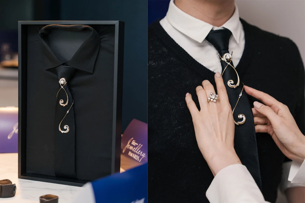 Unfurling Whimsy, winner of the Diamonds for Men category, is an 18k yellow and white gold tie clip set with 5.46 carats of diamonds, designed by Clint Slogrove of Stephen Dibb Jewellery