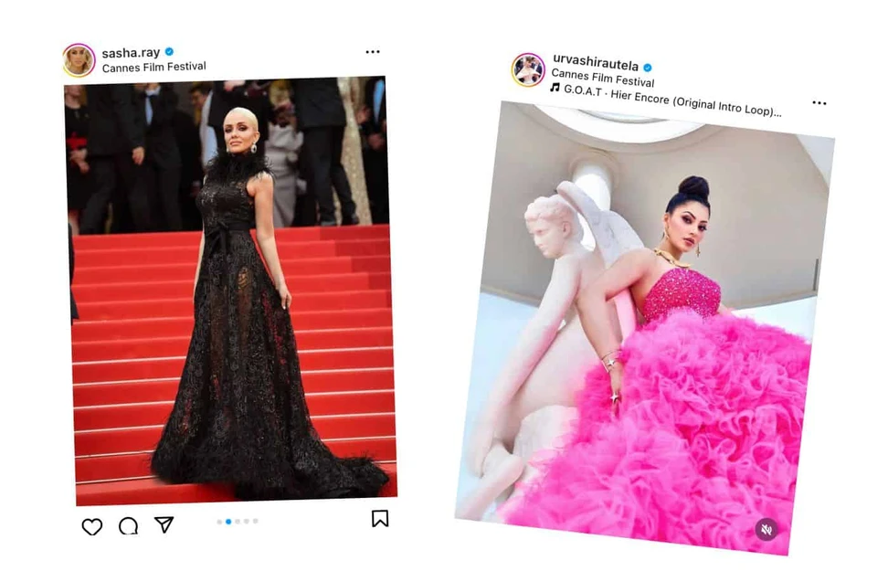 <p>Ukranian singer Sasha Ray in sapphire and diamond earrings by TOi and Indian actress Urvashi Rautela in a ring and arm cuff by TOi, both at the Cannes Film Festival 2023</p>