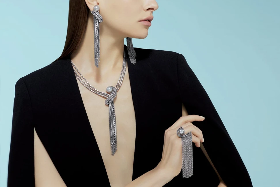 <p>Tasaki ‘Ocean Frontier’ collection ‘Waterfall’ suite with pearls and diamonds in white gold</p>