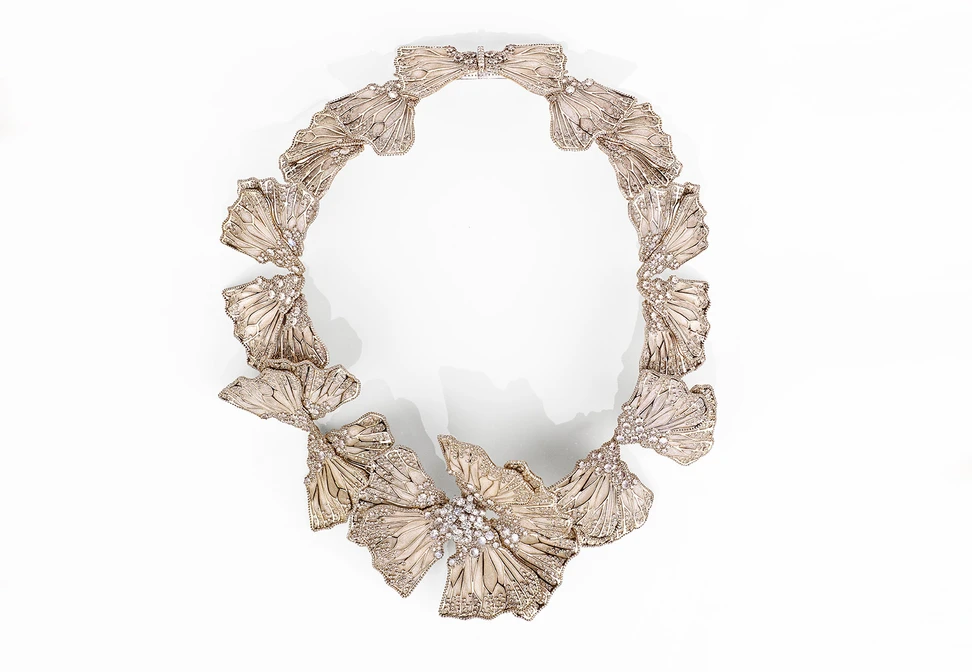 <p>Tatiana Verstraeten ‘Vienna’ necklace with diamond, moonstone and enamel in gold</p>