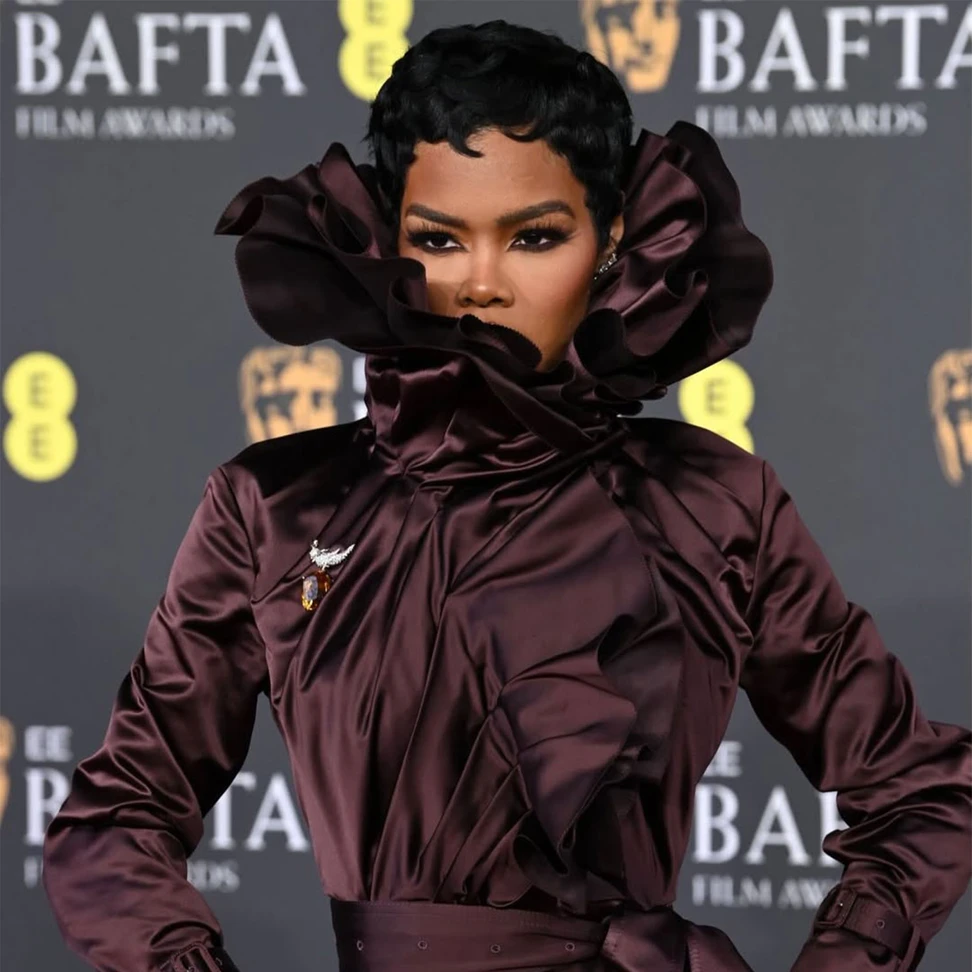 <p>Teyana Taylor was the queen of impressive jewels, pairing her aubergine Burberry gown with a Tiffany & Co. Bird on a Rock brooch, set with a citrine of over 50 carats</p>