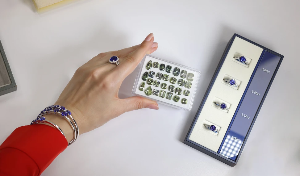 <p>Tanzanites from the Royal Touch Group, including bracelets, rings, and a selection of green zoisites that are mined in the same location in Tanzania</p>
