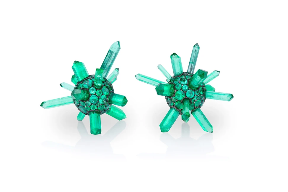 <p>Theodoros earrings with 80ct Afghani emerald, and 22ct Colombian brilliant cut emerald pavé</p>