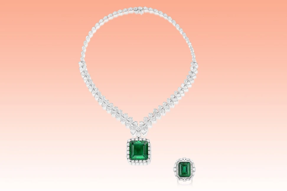 <p>This Zambian emerald and diamond necklace and ring will be sold by Phillips Hong Kong via an online auction in November 2021 titled “Treasures from Zambia: An Exceptional Emerald Collection”</p>