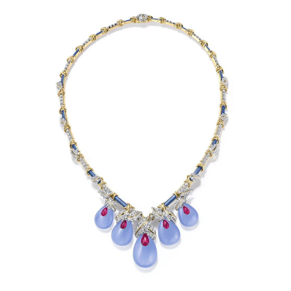 Tiffany & Co. Hanging Garden necklace with 85.07 carats of lavender chalcedony cabochons, Mozambique rubies and diamonds, inspired by ripe fruit hanging from a vine