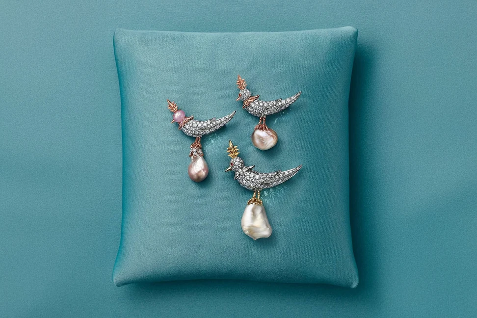 <p>A cluster of new Tiffany &amp; Co. Bird on a Pearl high jewellery brooches, set with natural pearls from the private collection of Hussein Al Fardan</p>
