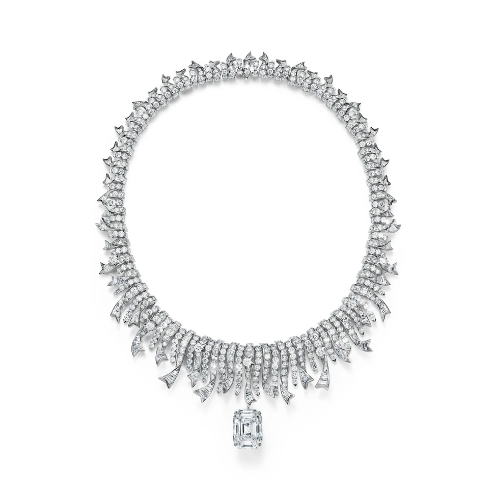<p>Tiffany &amp; Co. necklace in platinum with a diamond of over 18 carats and diamond accents</p>
