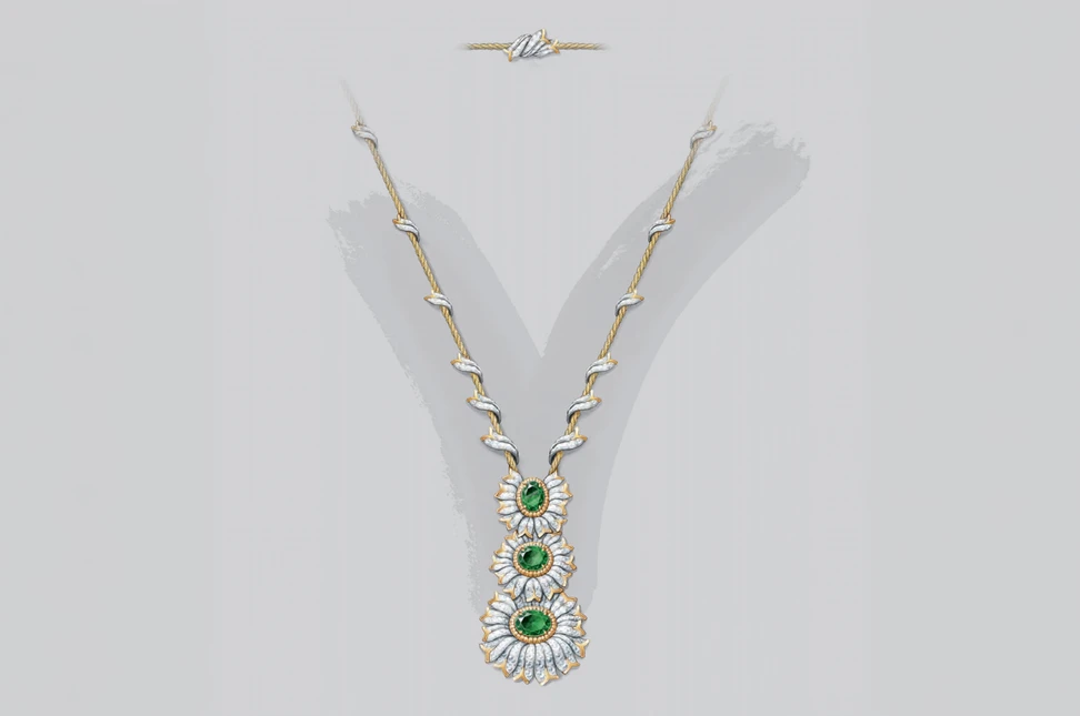 Inspired by historic floral motifs and Jean Schlumberger’s ribbon designs, the Dahlia suite necklace features three dahlias set with unenhanced oval tsavorites totalling 11.16 carats